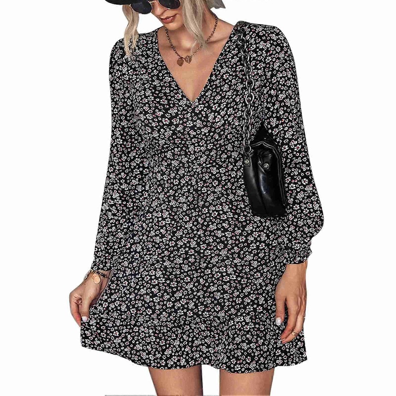 Women Dress Floral Print V Neck Long Lantern Sleeve Ruffle Hem High Waist Casual Dress for Lady Black L_-sy_-sy | Fruugo SG