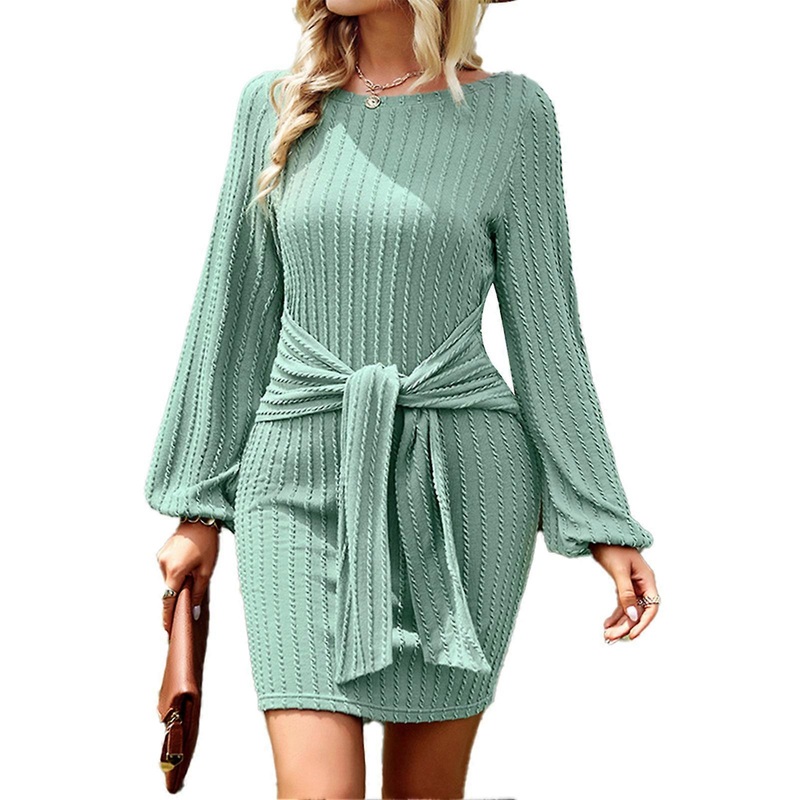 Women Dress Round Neck Racking Pattern Elegant Medium Length Waist Strap Long Sleeve Hip Wrap Dress for Dating Green M_-sy_-sy | Fruugo SG