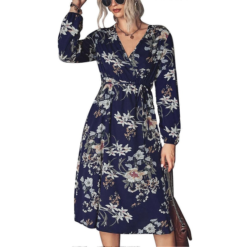 Women Floral Dress Cross V Neck Lace Up High Waist Slit Long Sleeve Stylish Autumn Floral Dress Dark Blue S_-sy_-sy | Fruugo SG