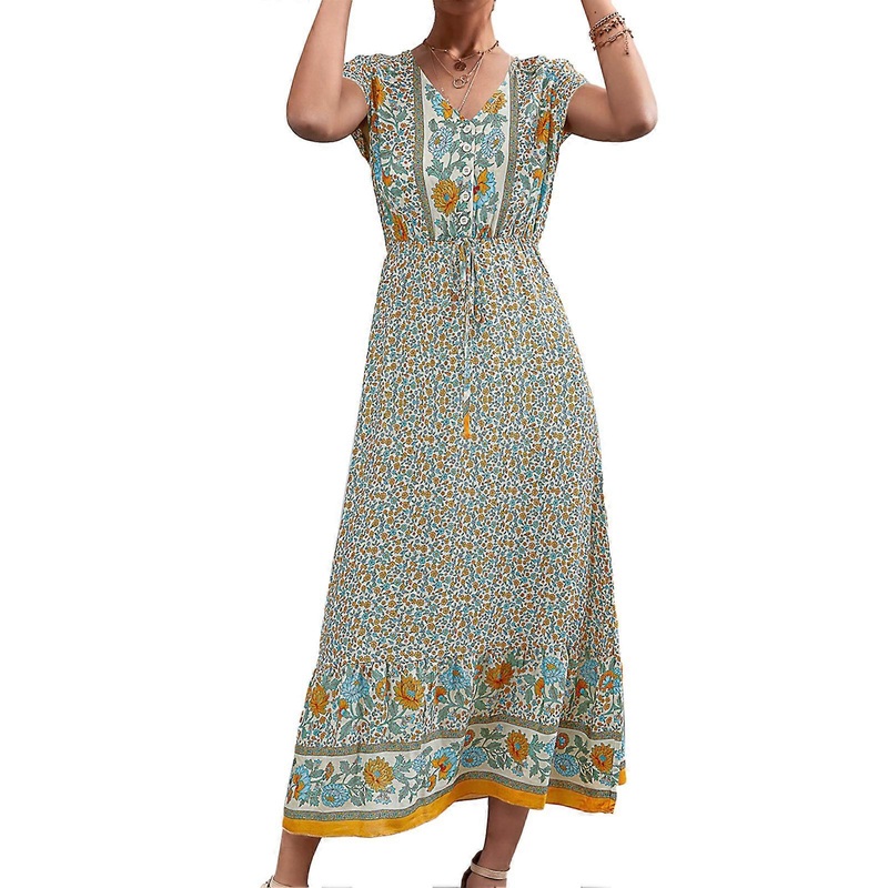 Women Floral Dress V Neck Short Sleeve Breathable Button Front Summer Long Dress for Daily Wear Apricot M_-sy_-sy | Fruugo SG