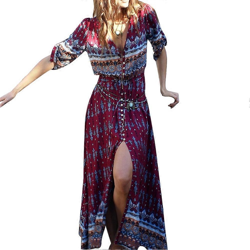 Women Floral Print Dress Loose V-Neck Half Sleeve Ankle Length Beach Dress (Burgundy 2XL) | Fruugo SG