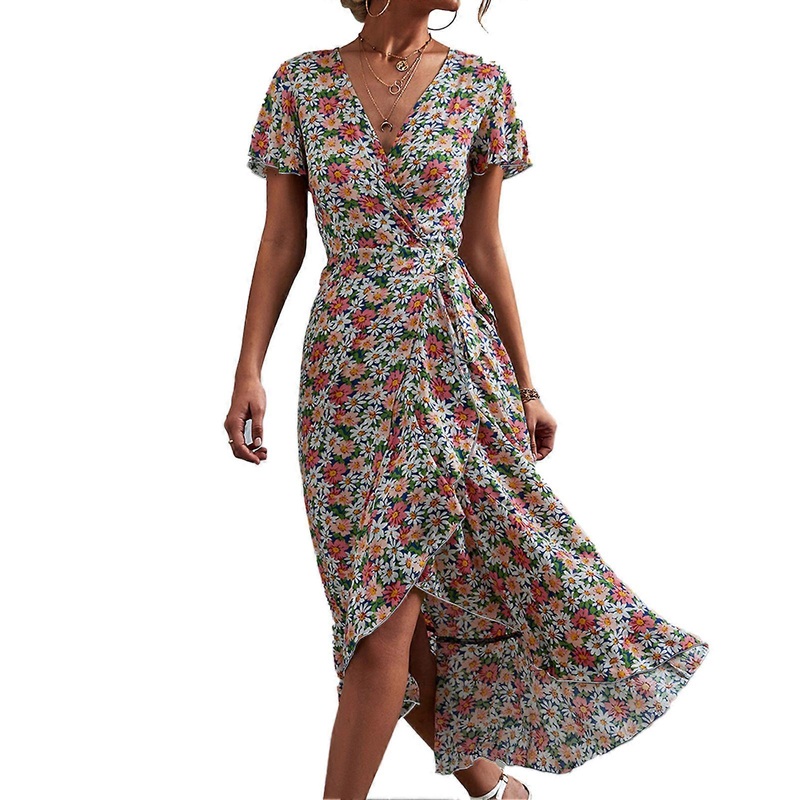 Women Floral Wrap Dress V Neck Waist Belted Ruffle Sleeve Asymmetrical Hem Summer Long Dress Blue Pink M_-sy_-sy | Fruugo SG