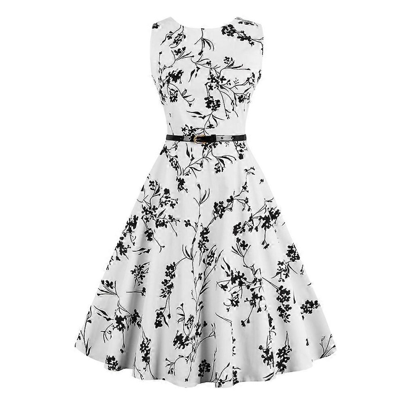 Women High Waist A Line Vintage Style Sleeveless Pleated Flower Onepiece Pinup Dress (M) | Fruugo SG
