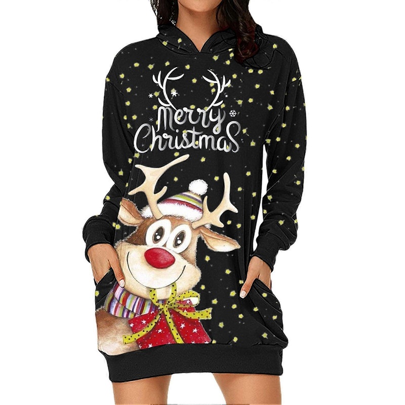 Women Hoodie Dress Christmas Print Long Sleeve Pullover Sweatshirt Dress Ladies Loose Casual Hoodie Black Elk (1) L_-sy_-sy | Fruugo SG