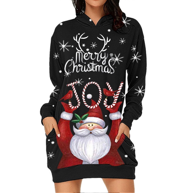 Women Hoodie Dress Christmas Print Long Sleeve Pullover Sweatshirt Dress Ladies Loose Casual Hoodie Black Old Man XXL_-sy_-sy | Fruugo SG