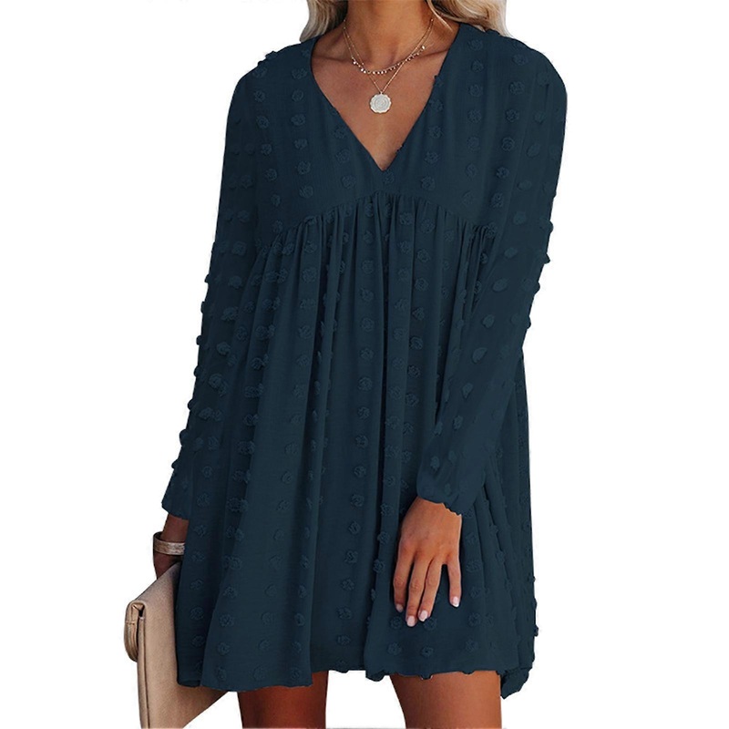 Women Lantern Long Sleeve Dress V Neck Ruffled Hem Loose Jacquard Dress for Autumn and Winter Royal Blue XL | Fruugo SG