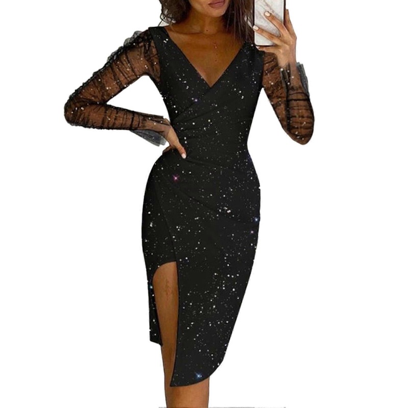 Women Long Dress Bead Long Mesh Sleeve Slit V Neck Irregular Hem Women Evening Dress for Daily Party Festival Black XL_-sy_-sy | Fruugo SG