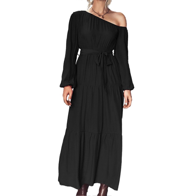 Women Long Dress One Shoulder Wide Ruffle Hem Belted Lantern Long Sleeve Pure Color Dress for Lady Black M_-sy_-sy | Fruugo SG