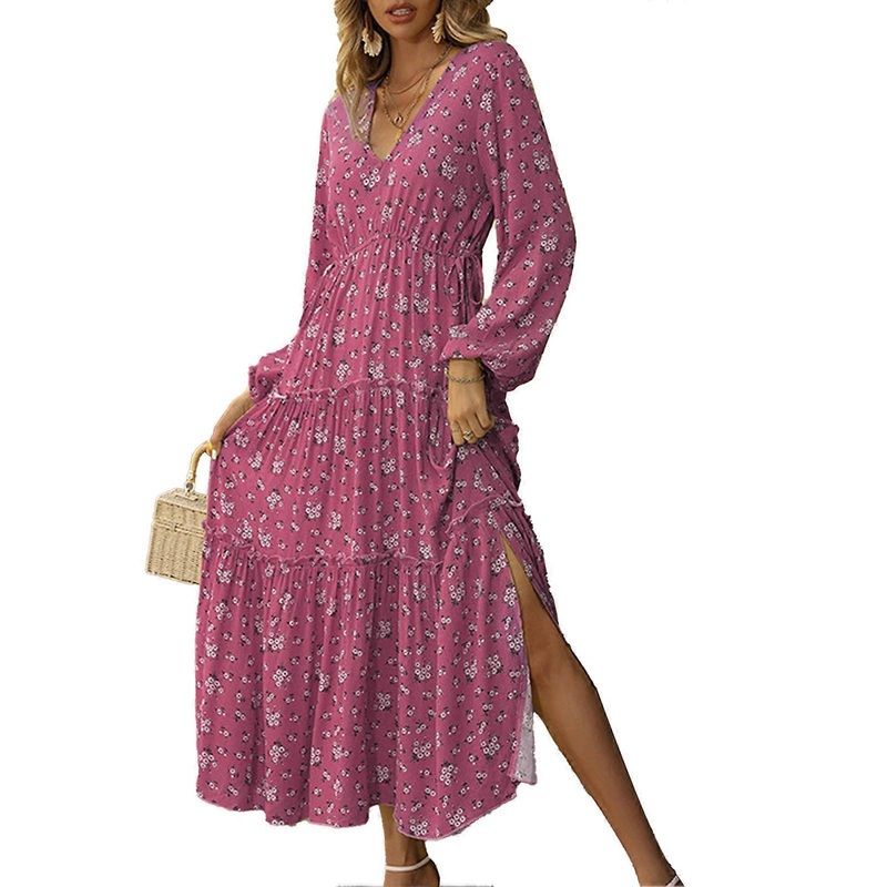 Women Long Dress V Neck Flounce High Waist Long Lantern Sleeve Left Side Slit Floral Dress for Daily Party Purple M | Fruugo SG
