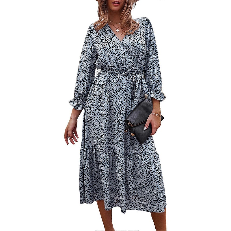 Women Long Sleeve Wrap V Neck Leopard Print Ruffle Tiered Tie Waist Flowy Long Dress Blue S | Fruugo SG
