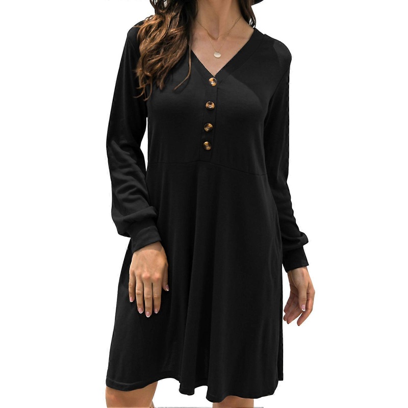 Women Loose Dress Button Front V Neck High Waist Long Lantern Sleeve Casual Fall Dress Black L_-sy_-sy | Fruugo SG