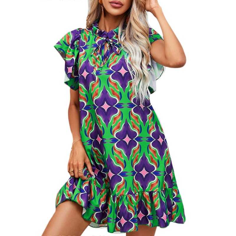 Women O-Neck Dress Fashion Floral Print Dress All-matching Summer Dress Holiday Dress Ladies Ruffle Sleeves Mini Dress  purple flower S | Fruugo SG