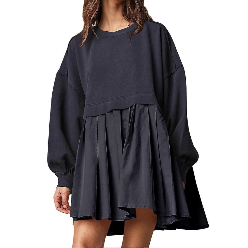 Women Oversized Sweatshirt Dress Long Sleeve Round Neck Loose Fitting Pullover Top Pleated Dress Dark Blue S | Fruugo SG