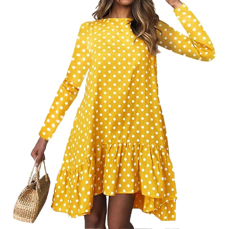 Women Polka Dot Printed Dress Round Neck Dress Ruffle Hem Long Sleeve Loose Fit Dress Yellow XL | Fruugo SG