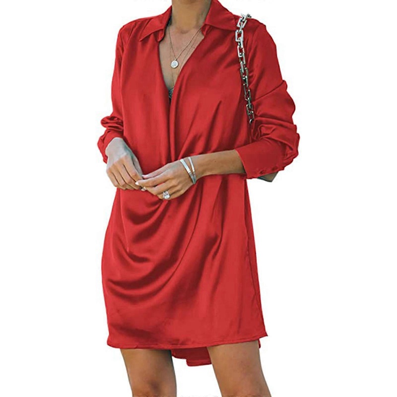 Women’s Satins Collar V Neck Drape Ruched Front Flowy Long Sleeve Short Mini Dress Long Sleeve Cowl Neck Going Out Dress  Red XL | Fruugo SG