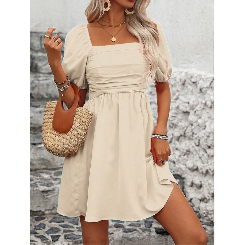 Women’s Square Neck Solid Color Summer Casual Short Sleeve Dress Vacation Beach Outfit | Fruugo SG