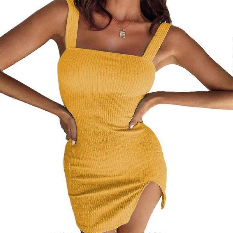 Women Sleeveless Sexy Package Hip Split Hem Ribbed Knit Bodycon Mini for Tank Dr  Yellow | Fruugo SG