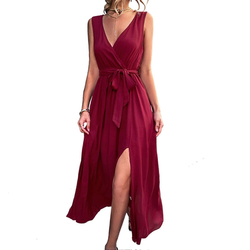 Women Summer Long Dress Sleeveless Deep V Neck Plain Color High Waist Side Slit Maxi Casual Dress with Belt Wine Red S_-sy_-sy | Fruugo SG