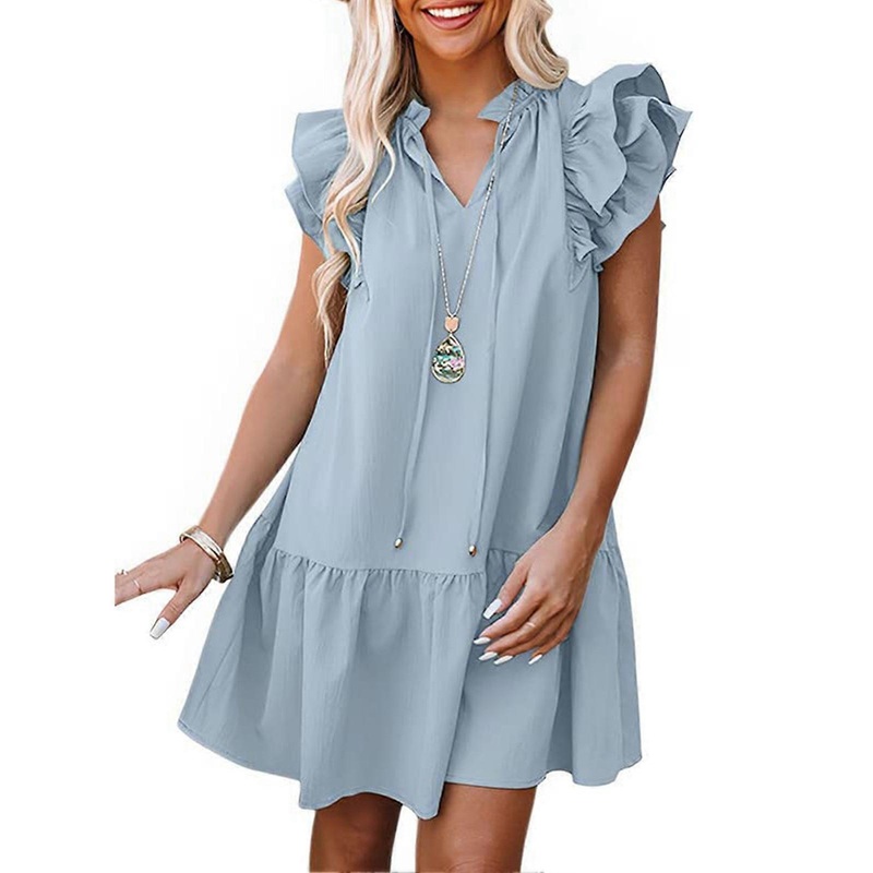 Women Summer Ruffle Cap Sleeve Dress V Neck Drawstring Pure Color Casual Tunic Dress Light Blue M | Fruugo SG