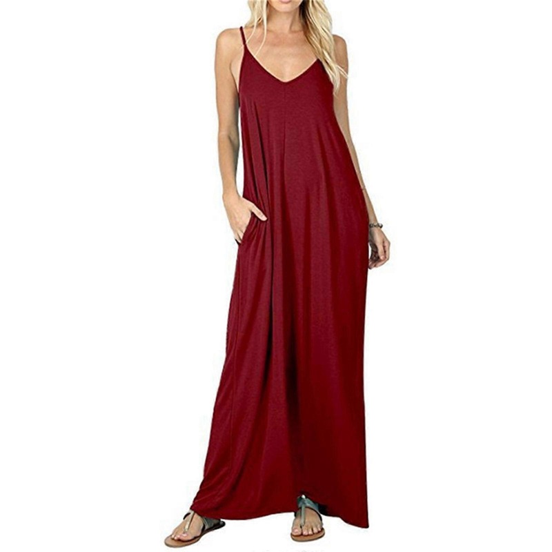 Women Summer Sleeveless Spaghetti Strap Sexy V-Neck Maxi Long Flowy Dress with Pockets Simple Plain Solid Color Pleated Hem Casual Loose Beach | Fruugo SG