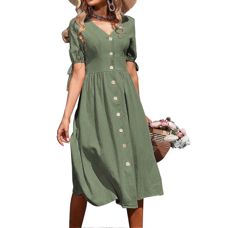 Women Summer V Neck Button Down Dress Lace Up Short Sleeve A Line High Waist for Vacation Party Club Home Green M | Fruugo SG