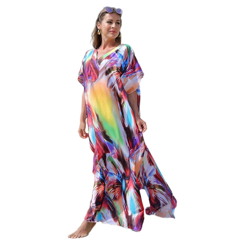 Women Vacation Batwing Sleeve Turkish Kaftan Colorful Abstract Printed V-Neck Swimsuit Cover Up Beach Maxi Dress Robe  Red | Fruugo SG