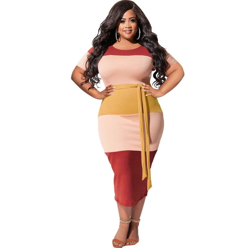 Womens Crewneck Midi Long Dress Contrast Color Striped Patchwork Short Sleeve Ribbed Knitted Slim Fitted Gown Clubwear  Red XL | Fruugo SG