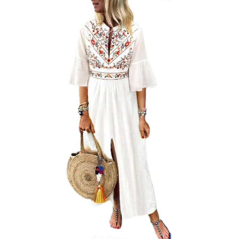 Womens Half Flare Sleeves Bohemian Maxi Long Dress Sexy Deep V-Neck Ethnic Flora | Fruugo SG