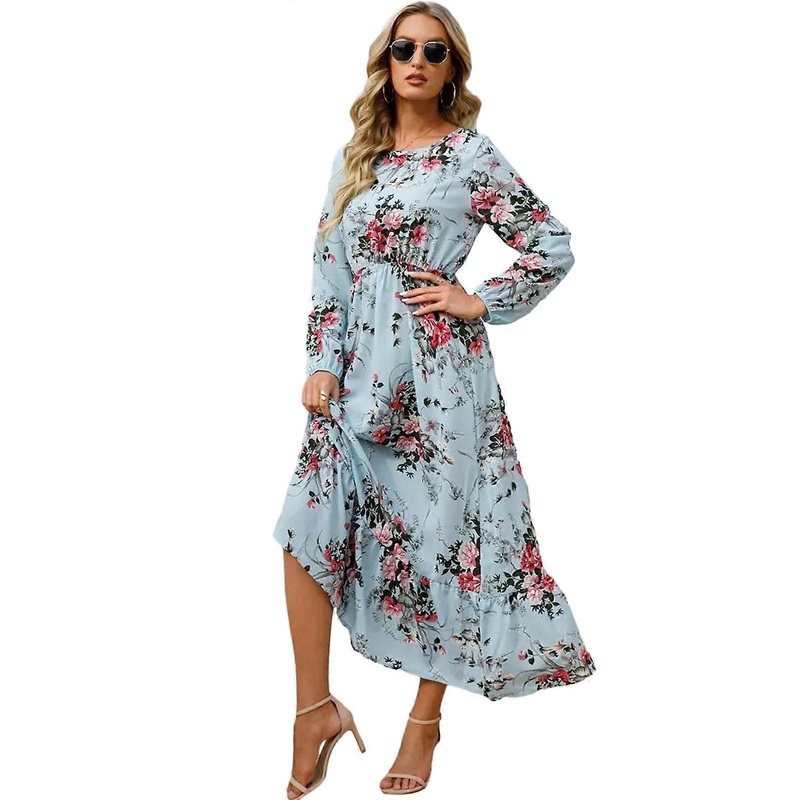 Womens Long Sleeve Floral Print Maxi Dress Casual Swing A-line Dress Summer Beach Party Bohemian Dress  Blue S | Fruugo SG
