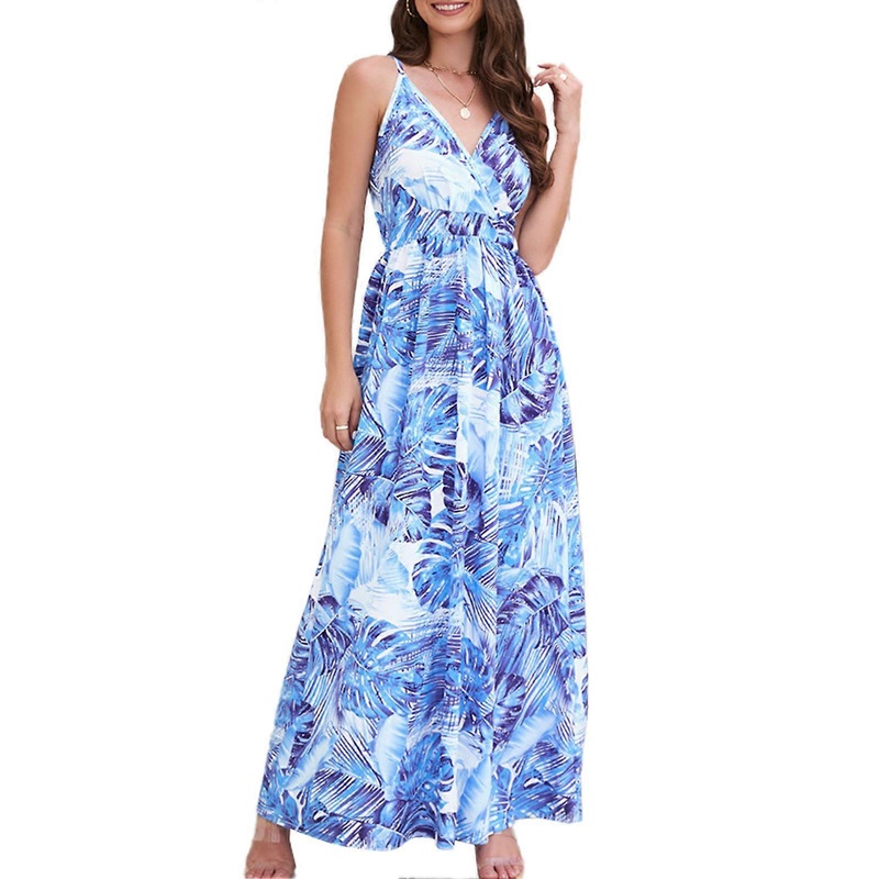 Womens Slip Dress Bohemian Style Spaghetti Strap V Neck High Waist Flower Prints Maxi Dress for Party Wedding Travel Blue XXL_-sy_-sy | Fruugo SG
