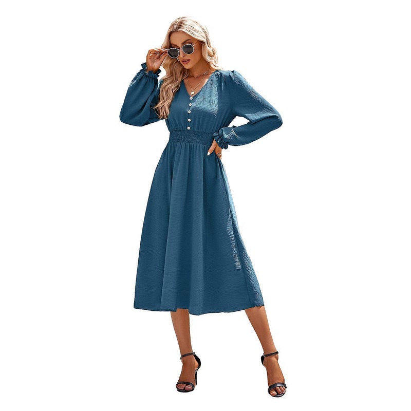 Womens Summer Maxi Dress Long Sleeve V-Neck Ruffle Trim High Waist V-neck Party Flowy Long Dresses Robe  haze blue S | Fruugo SG