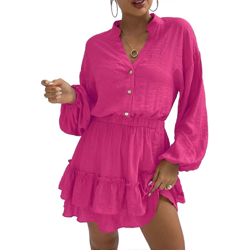 Womens Summer Tunics Dress V-Neck Casual Loose Flowy Swing Dresses Solid Color Elastic Waist A-line Dress  rose Red XL | Fruugo SG