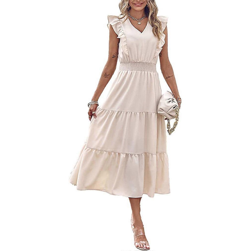Womens Vintage V-Neck Ruffle Trim Sleeveless Midi Long Dress Smocked Elastic Waist Tiered Pleated A-Line Swing Dresses  milky XL | Fruugo SG