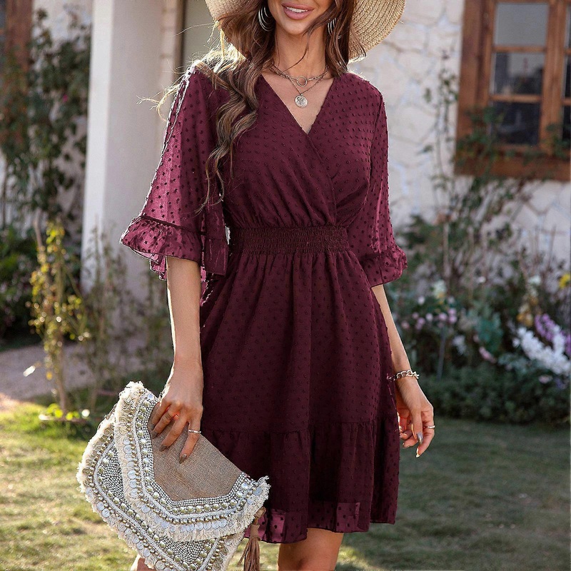 Wrap V Neck Dress Women Casual Lace Dot Half Bell Sleeve Elastic Waist Dress for Holiday Party Burgundy XL_-sy_-sy | Fruugo SG