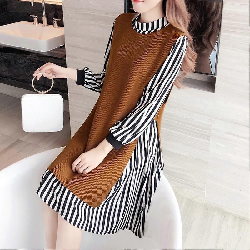 2pcs/Set Fashion Women Vest Dress Stripe Pattern Three Quarter Sleeve Knee Length Dress Clothes SetKhaki  M | Fruugo SG