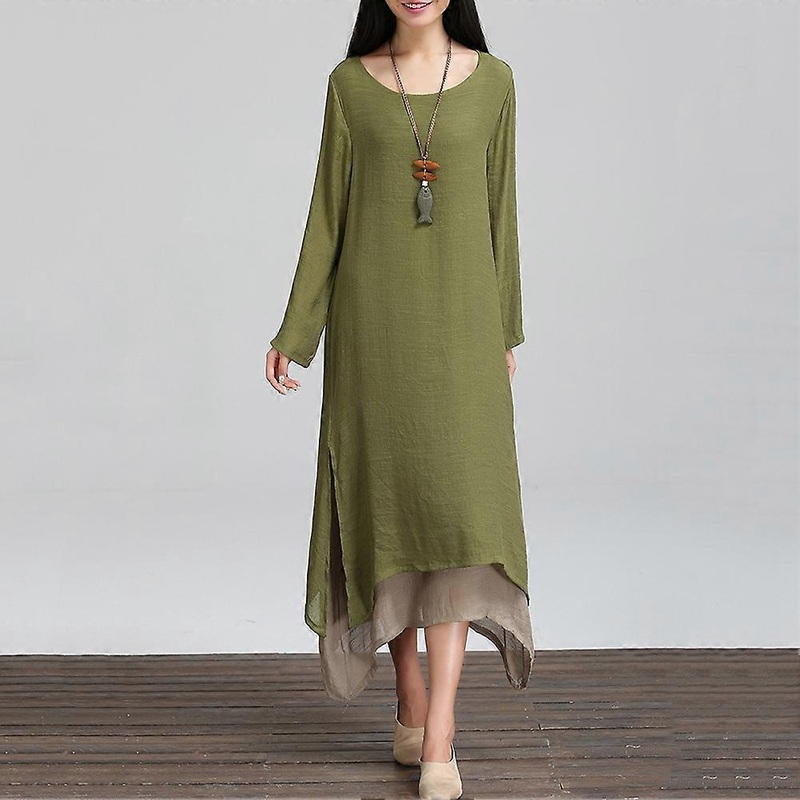 Casual Women Long Sleeve Round Neck Stylish Full Length Loose Dress (Military Green 2XL) | Fruugo SG