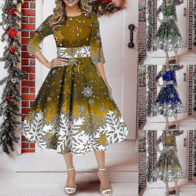 Christmas Dress Women Retro Christmas Snowflake Print Half Sleeve A-line Dress X.d | Fruugo SG