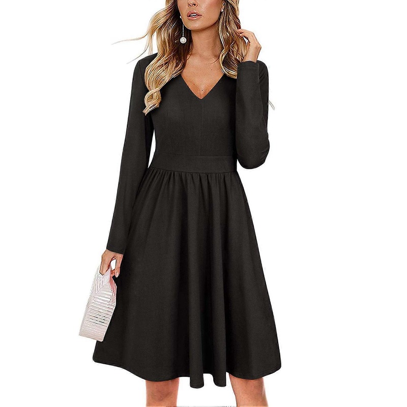 Dress High Waist V Neck Long Sleeve Drape Bodycon Pure Color Knee Length Dress for Women Black S | Fruugo SG