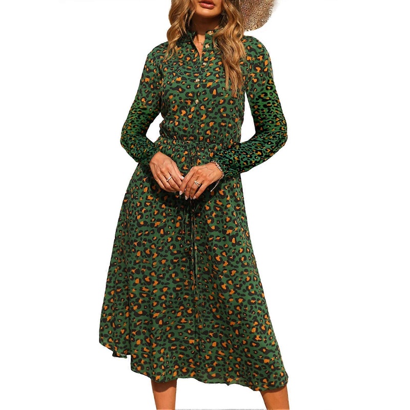 Dress Leopard Stand Collar Floral Print Long Lantern Sleeve Medium Length Dress for Lady Green XL | Fruugo SG