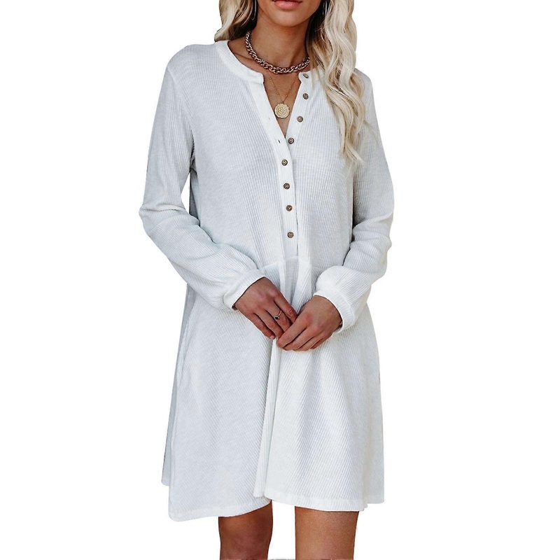 Dress Puff Long Sleeve V Neck Button Pure Color Pocket Loose Hem Casual Dress for Women White XL | Fruugo SG