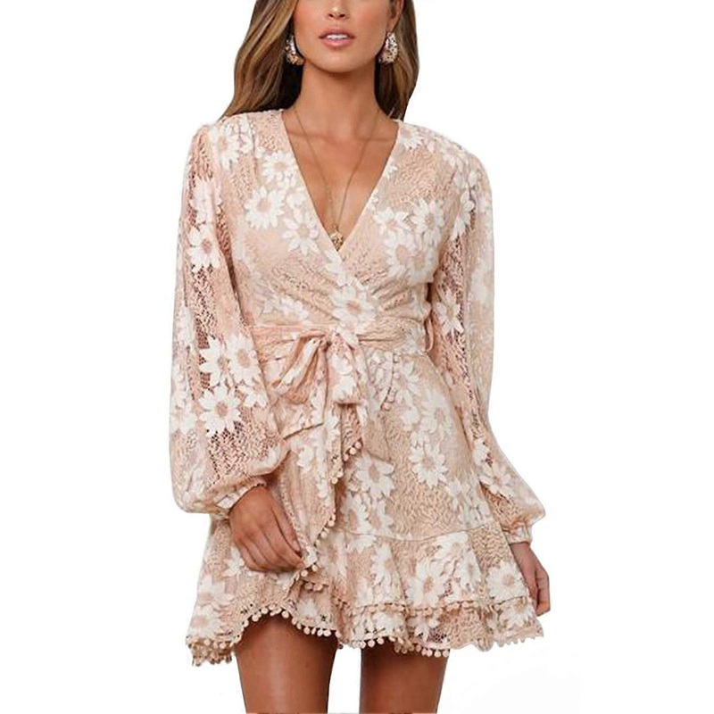 Dress Wrap Deep V Neck Long Sleeve Tie Waist Knot Lace Hem Elegant Dress for Women Apricot S | Fruugo SG