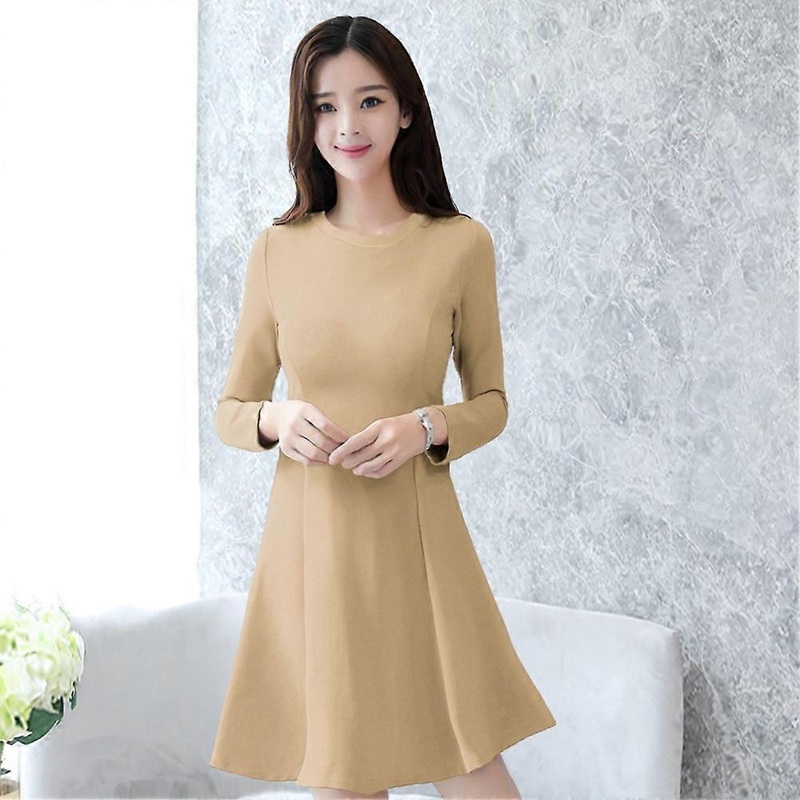 Elegant Style Fashion Women Solid Color Dress Round Neck Long Sleeve Above Knee Length Slim Dress Khaki  XLNEW7 | Fruugo SG