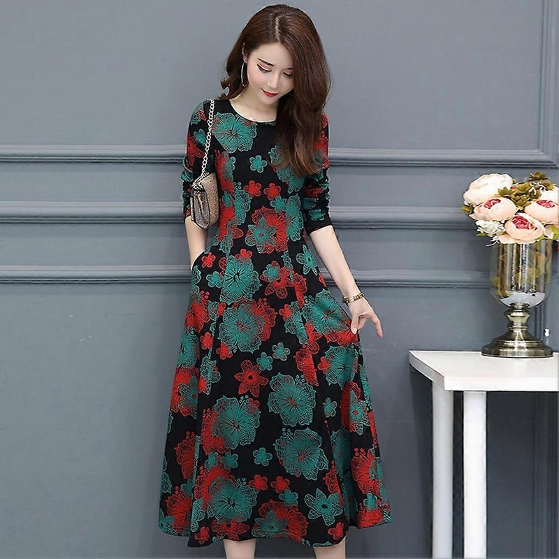 Fashion Women Girl Floral Printed Long Sleeve Round Neck Dress Spring AutumnGreen 2XLNEW3 | Fruugo SG