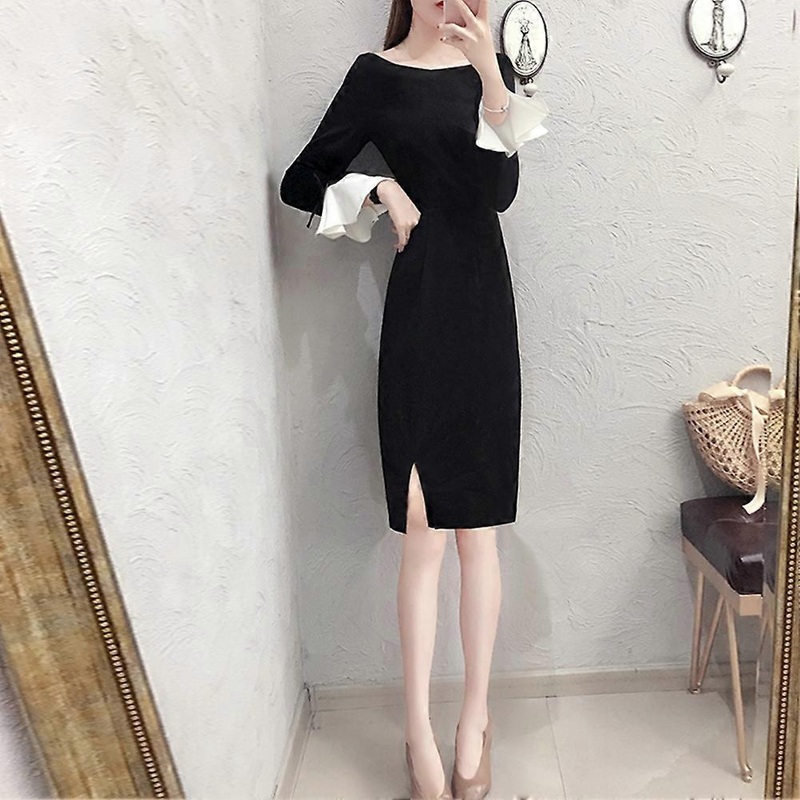 Fashion Women Split Dress Round Neck Long Flare Sleeve Cuff Knee Length Dress (XXL) | Fruugo SG