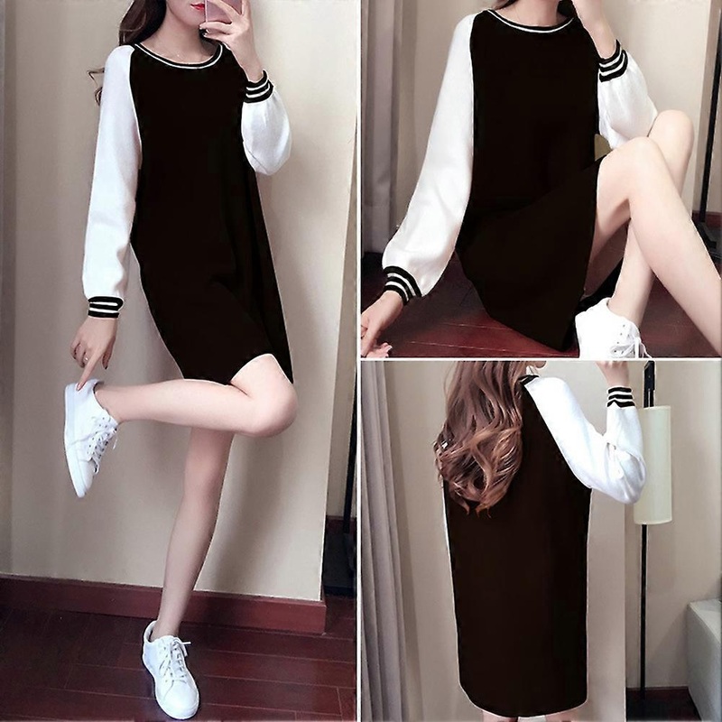 Fashion Women Stitching Color Dress Round Neck Long Sleeve Above Knee Length Slim DressBlack XLNEW9 | Fruugo SG