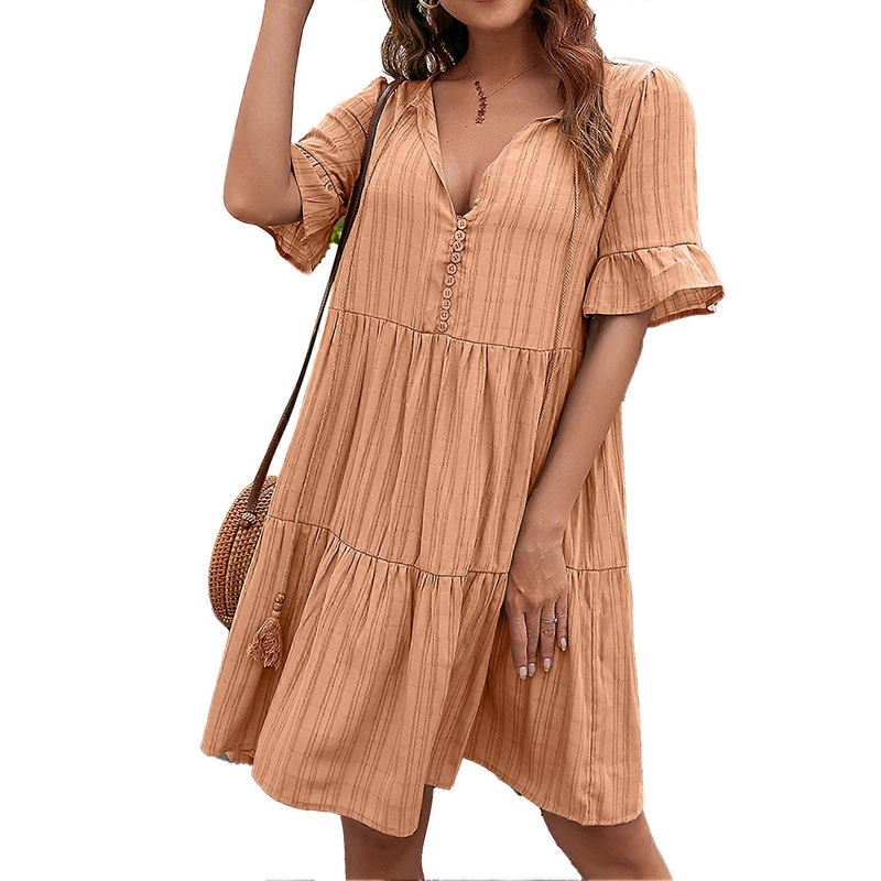 Half Sleeve Dress V Neck Tie Front Polyester Fiber Casual Loose Mid Waist Dress for Holiday Beach Orange L | Fruugo SG