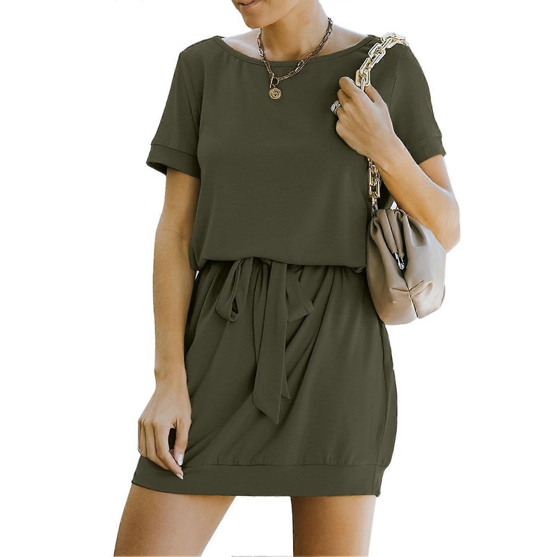 High Waist Belted Short Dress Summer Round Neck Casual Short Dress for Girls Women OD Green S | Fruugo SG