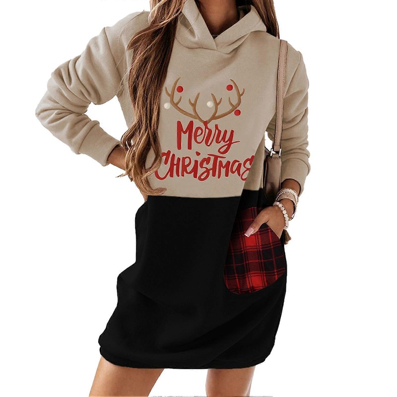 Hoodies Dress Chrismas Print Color Block with Side Pocket Long Sleeve Loose Casual Crewneck Hoodie Dress | Fruugo SG
