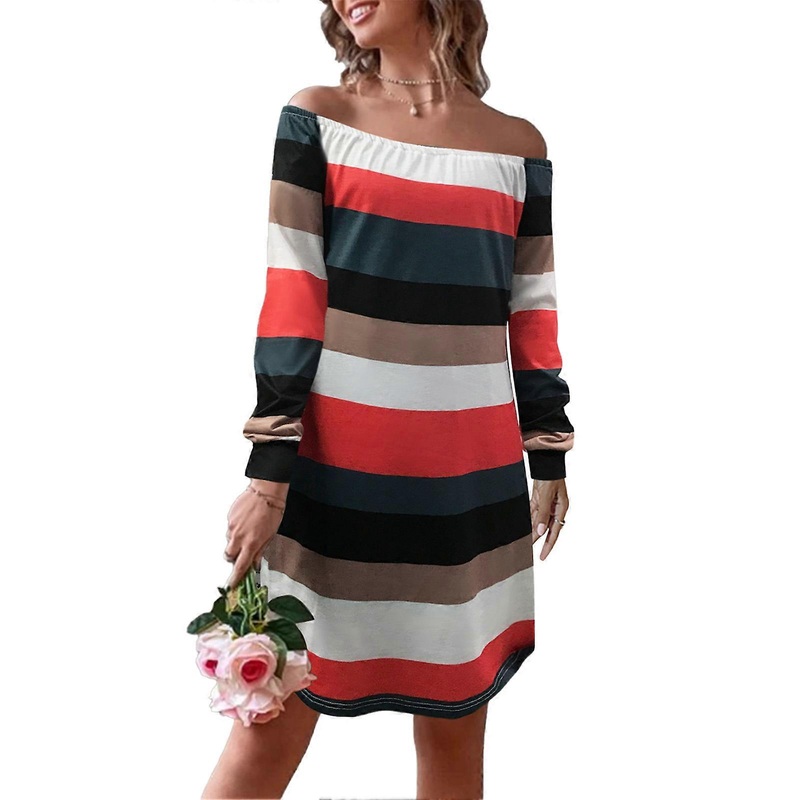 Horizontal Striped Long Sleeves Dress Tube Top Breathable Casual Soft Skin Friendly Woman Dress for Party Work Red XL | Fruugo SG