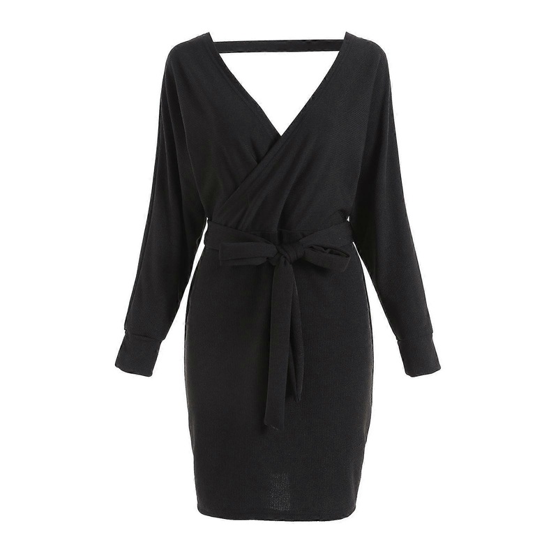 Knit Mini Dress Women’s Batwing Long Sleeve Backless Mock Wrap for Cocktail Autumn Winter Black XL | Fruugo SG